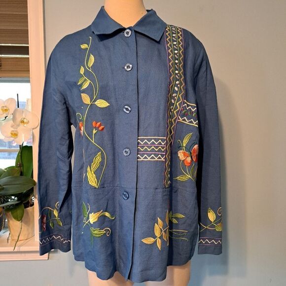 Susan Graver Grannycore Embroidered Linen Floral Butterfly Top Medium Blue/Multi - Picture 11 of 15
